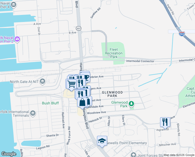 map of restaurants, bars, coffee shops, grocery stores, and more near 137 Greenbrier Avenue in Norfolk