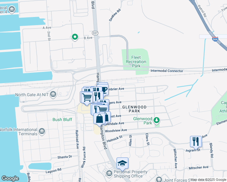 map of restaurants, bars, coffee shops, grocery stores, and more near 131 Greenbrier Avenue in Norfolk