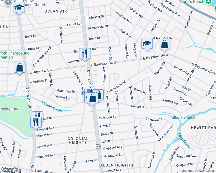 map of restaurants, bars, coffee shops, grocery stores, and more near 8521 Devon Street in Norfolk