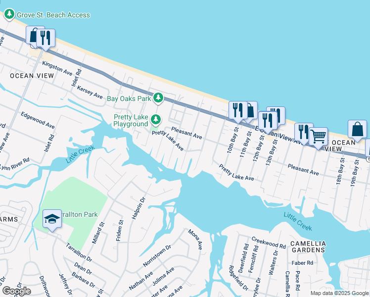 map of restaurants, bars, coffee shops, grocery stores, and more near 2612 Pretty Lake Avenue in Norfolk