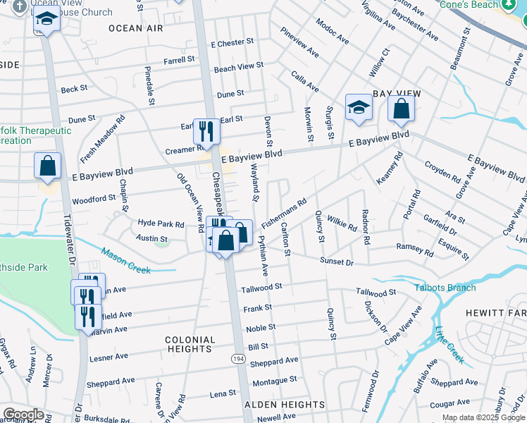 map of restaurants, bars, coffee shops, grocery stores, and more near 8521 Devon Street in Norfolk
