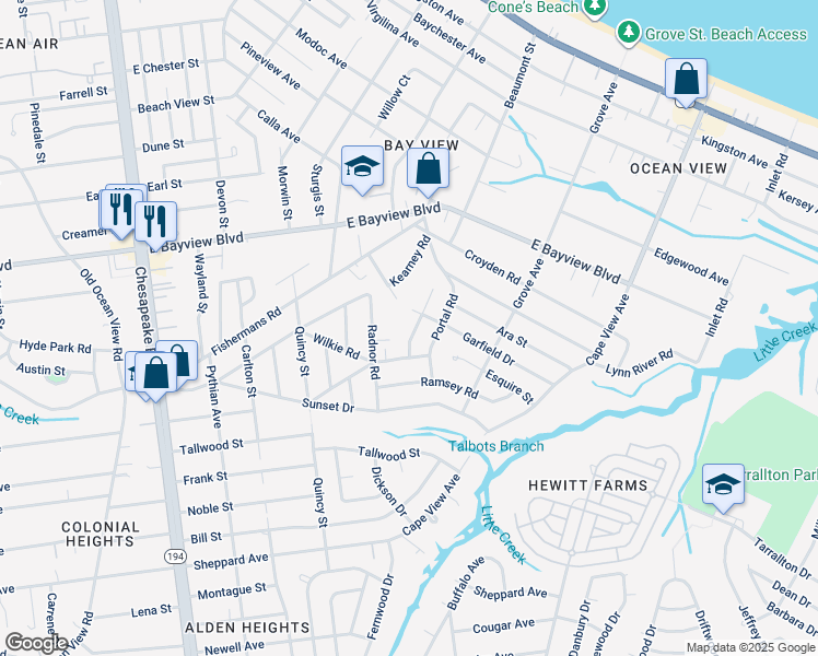 map of restaurants, bars, coffee shops, grocery stores, and more near 8452 Radnor Road in Norfolk