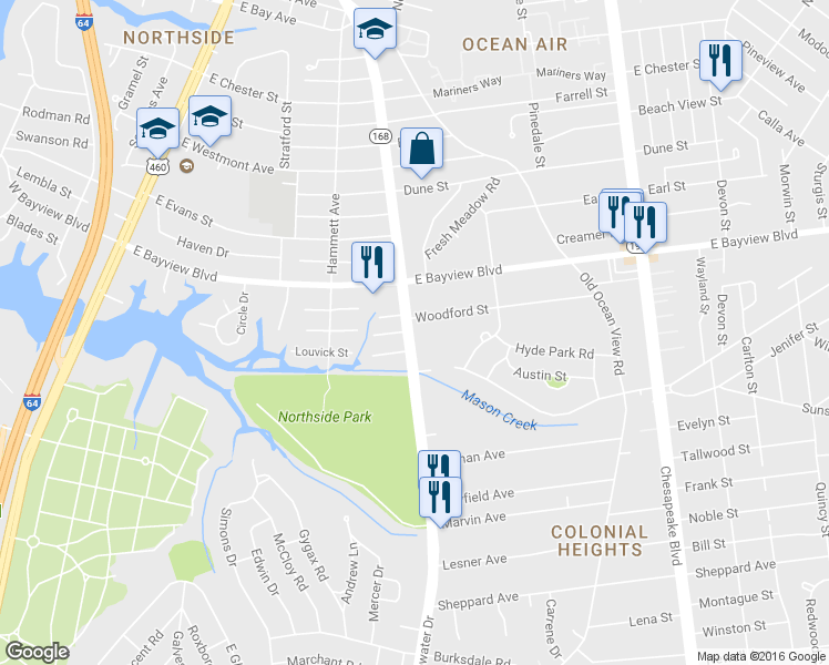 map of restaurants, bars, coffee shops, grocery stores, and more near 8550 Tidewater Drive in Norfolk