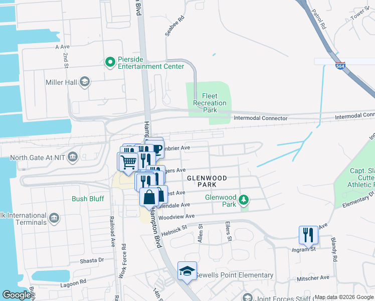 map of restaurants, bars, coffee shops, grocery stores, and more near 235 Greenbrier Avenue in Norfolk
