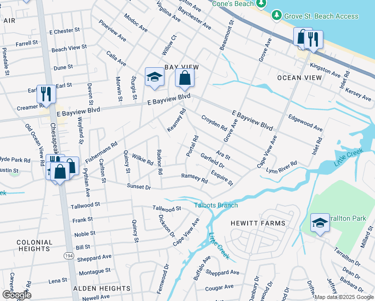 map of restaurants, bars, coffee shops, grocery stores, and more near 8447 Portal Road in Norfolk