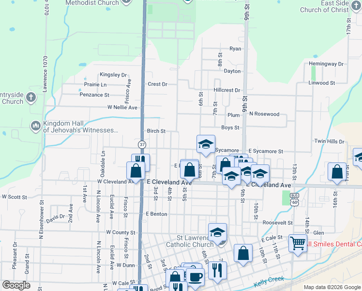 map of restaurants, bars, coffee shops, grocery stores, and more near 16 East Sycamore Street in Monett