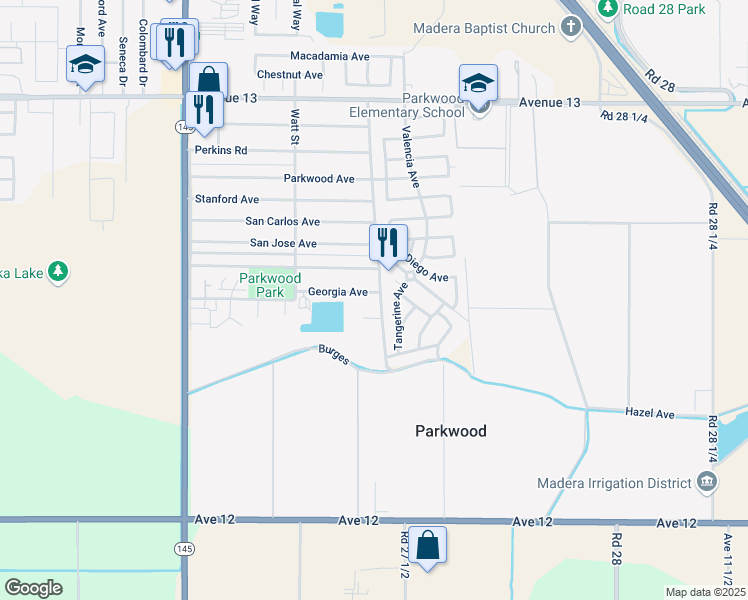 map of restaurants, bars, coffee shops, grocery stores, and more near 27460 Georgia Avenue in Madera