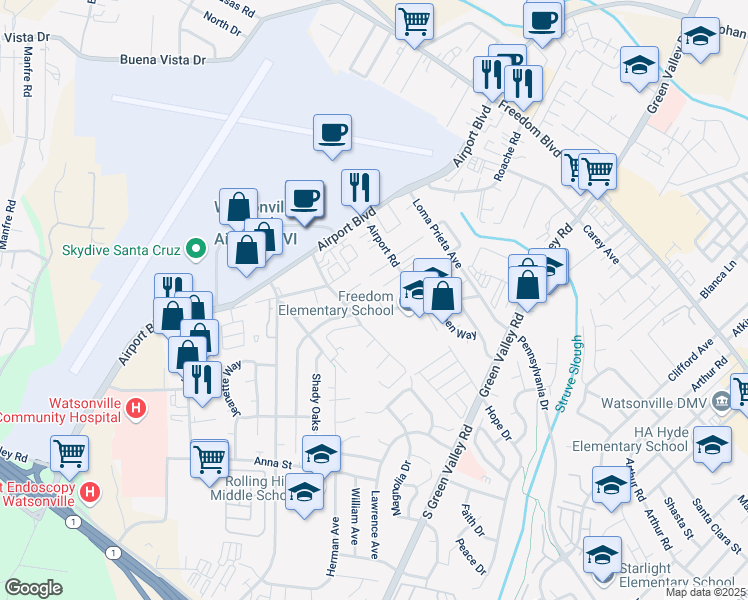 map of restaurants, bars, coffee shops, grocery stores, and more near 125 Rosita Lane in Freedom