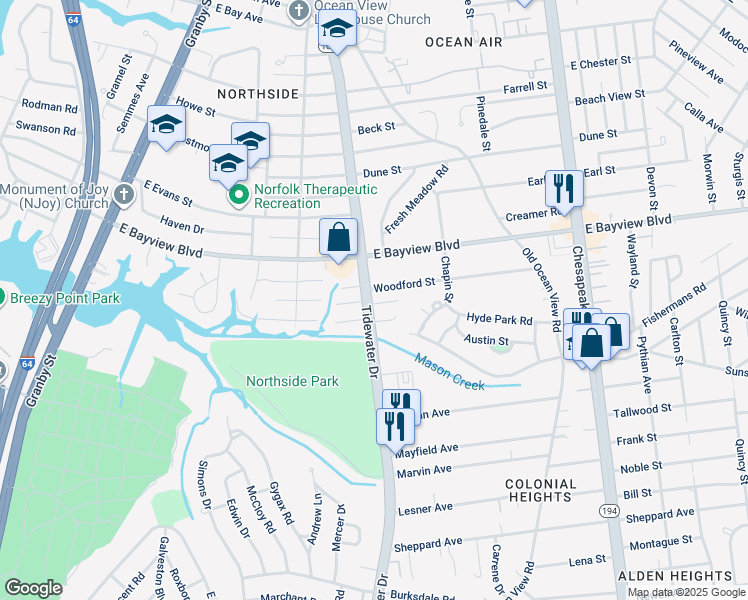 map of restaurants, bars, coffee shops, grocery stores, and more near 8550 Tidewater Drive in Norfolk