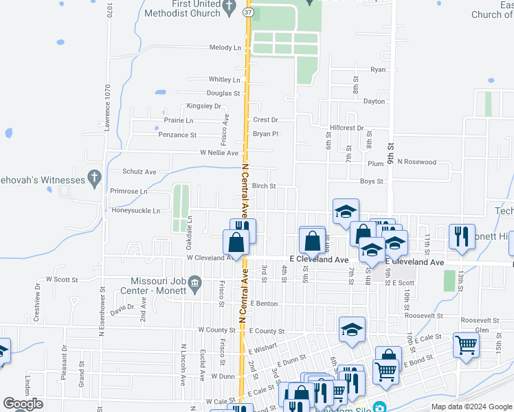 map of restaurants, bars, coffee shops, grocery stores, and more near 106 Sycamore Street in Monett