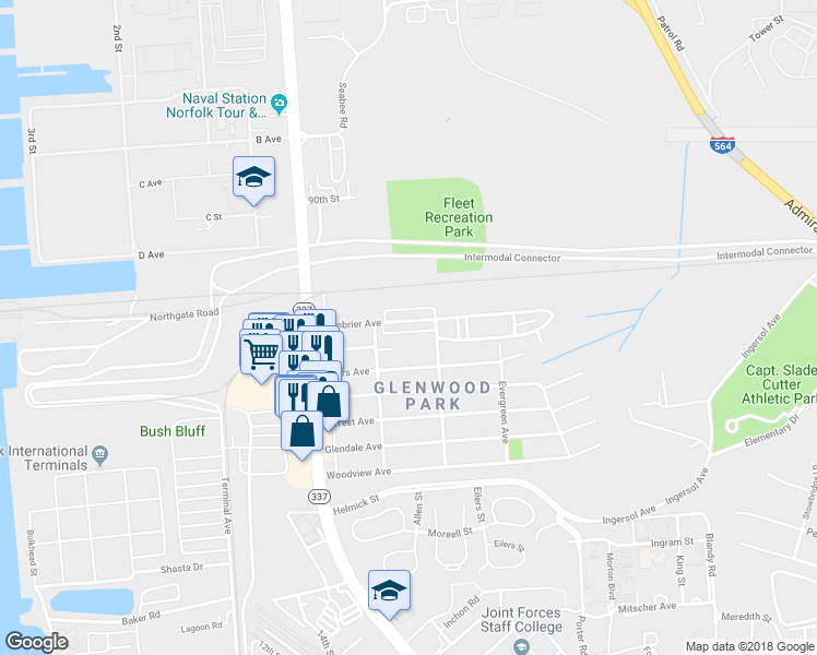map of restaurants, bars, coffee shops, grocery stores, and more near 235 Greenbrier Avenue in Norfolk
