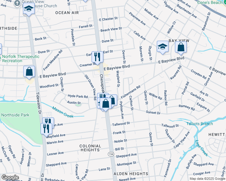 map of restaurants, bars, coffee shops, grocery stores, and more near 8534 Virginia 194 in Norfolk