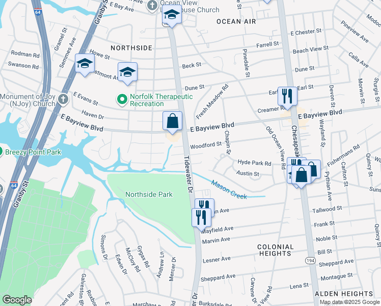 map of restaurants, bars, coffee shops, grocery stores, and more near 421 Woodford Street in Norfolk