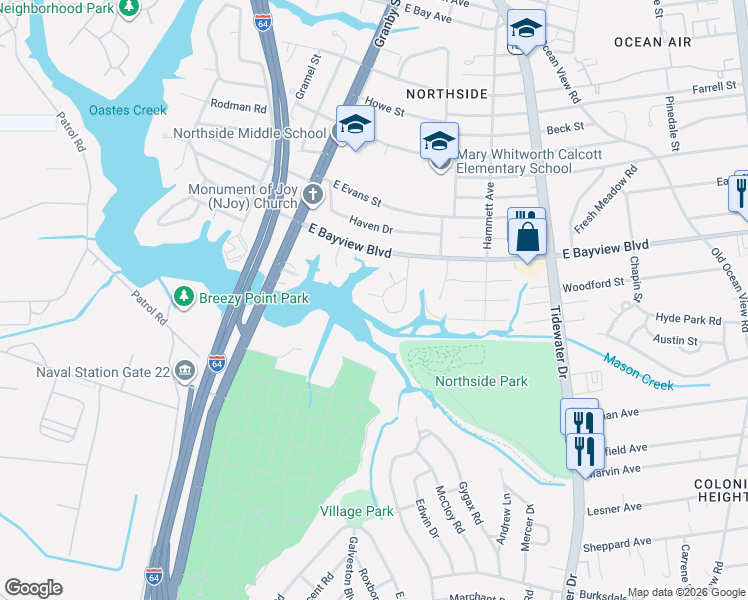 map of restaurants, bars, coffee shops, grocery stores, and more near 151 Circle Court in Norfolk