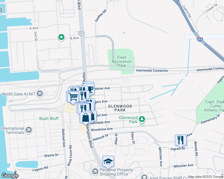 map of restaurants, bars, coffee shops, grocery stores, and more near 235 Greenbrier Avenue in Norfolk