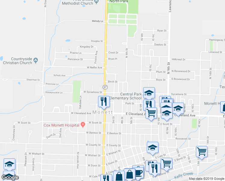 map of restaurants, bars, coffee shops, grocery stores, and more near 1203 North Central Avenue in Monett