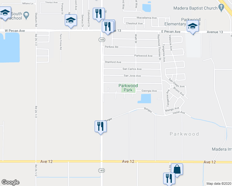 map of restaurants, bars, coffee shops, grocery stores, and more near 12846 Georgia Lane in Madera