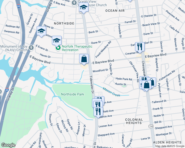 map of restaurants, bars, coffee shops, grocery stores, and more near 8550 Tidewater Drive in Norfolk