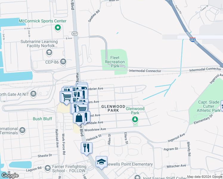 map of restaurants, bars, coffee shops, grocery stores, and more near 255 Greenbrier Avenue in Norfolk
