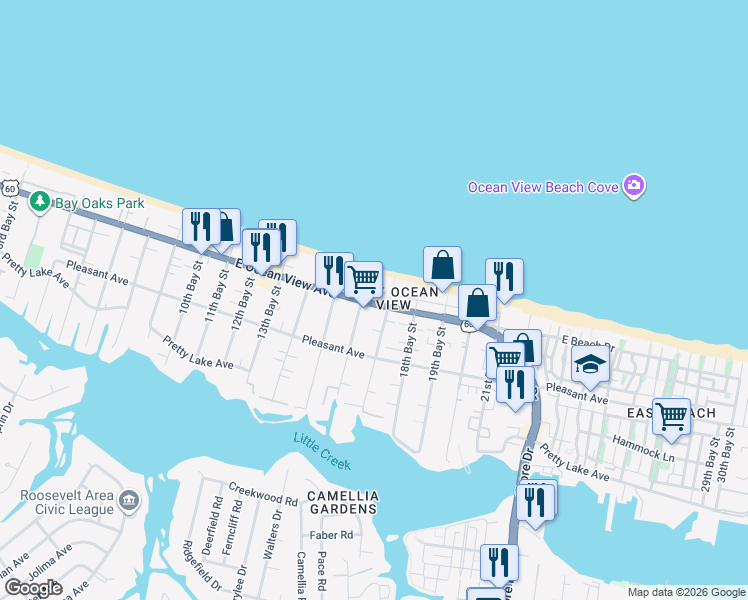map of restaurants, bars, coffee shops, grocery stores, and more near 3642 East Ocean View Avenue in Norfolk