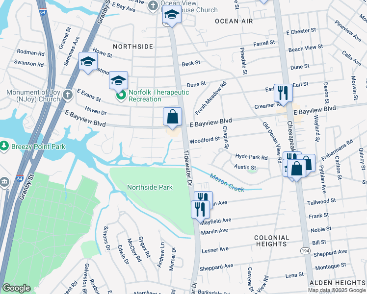 map of restaurants, bars, coffee shops, grocery stores, and more near 8545 Tidewater Drive in Norfolk