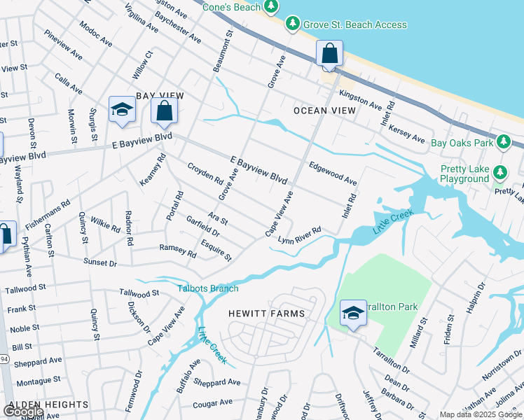 map of restaurants, bars, coffee shops, grocery stores, and more near 1825 Croyden Road in Norfolk