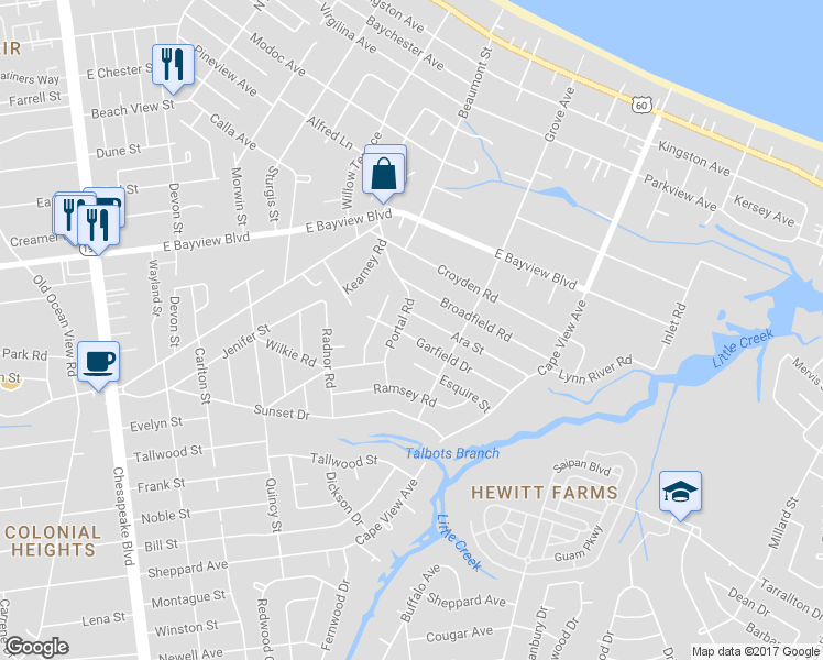 map of restaurants, bars, coffee shops, grocery stores, and more near 1614 Garfield Drive in Norfolk