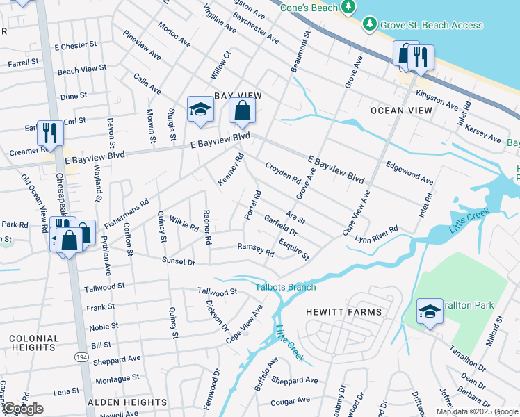 map of restaurants, bars, coffee shops, grocery stores, and more near 1614 Garfield Drive in Norfolk