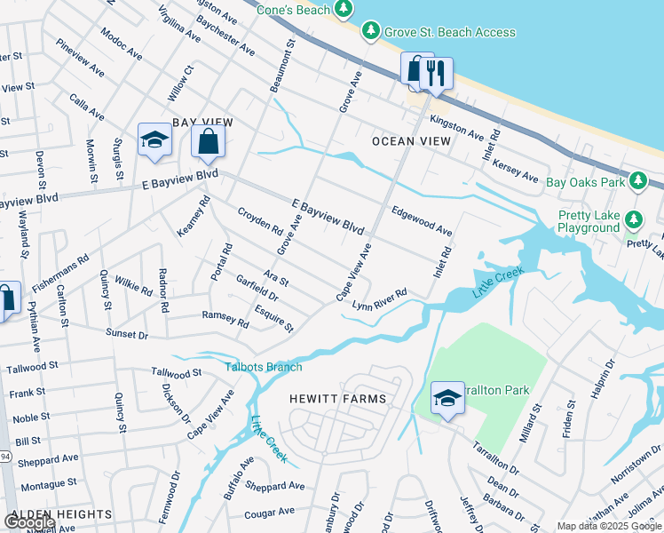 map of restaurants, bars, coffee shops, grocery stores, and more near 1825 Croyden Road in Norfolk