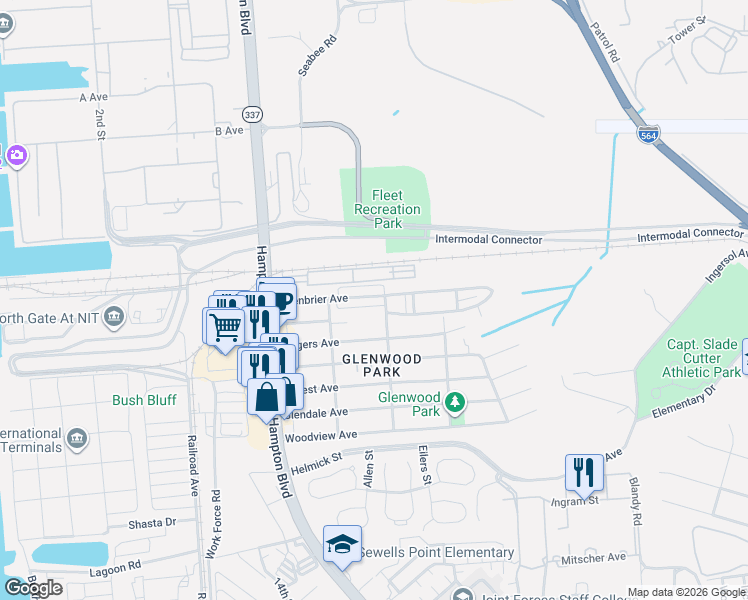 map of restaurants, bars, coffee shops, grocery stores, and more near 235 Greenbrier Avenue in Norfolk