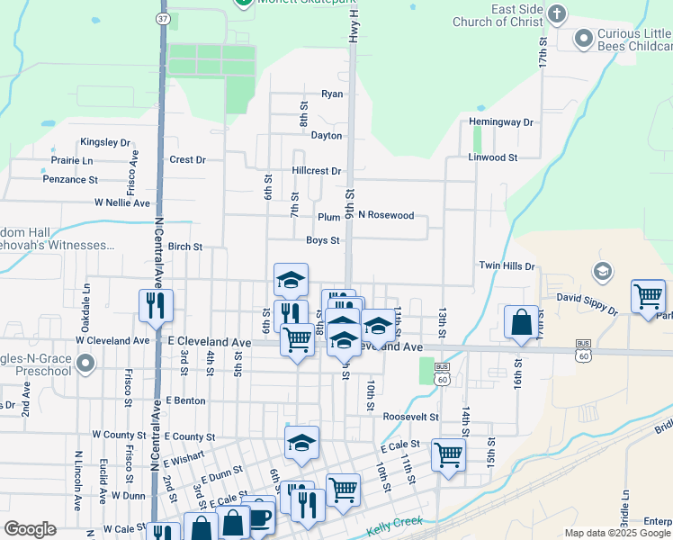 map of restaurants, bars, coffee shops, grocery stores, and more near 1024 Lakewood Drive in Monett