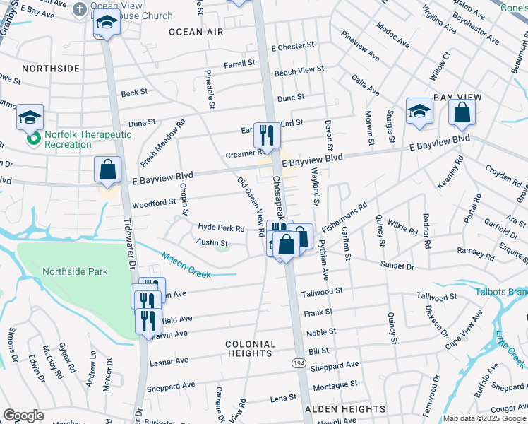 map of restaurants, bars, coffee shops, grocery stores, and more near 8530 Old Ocean View Road in Norfolk