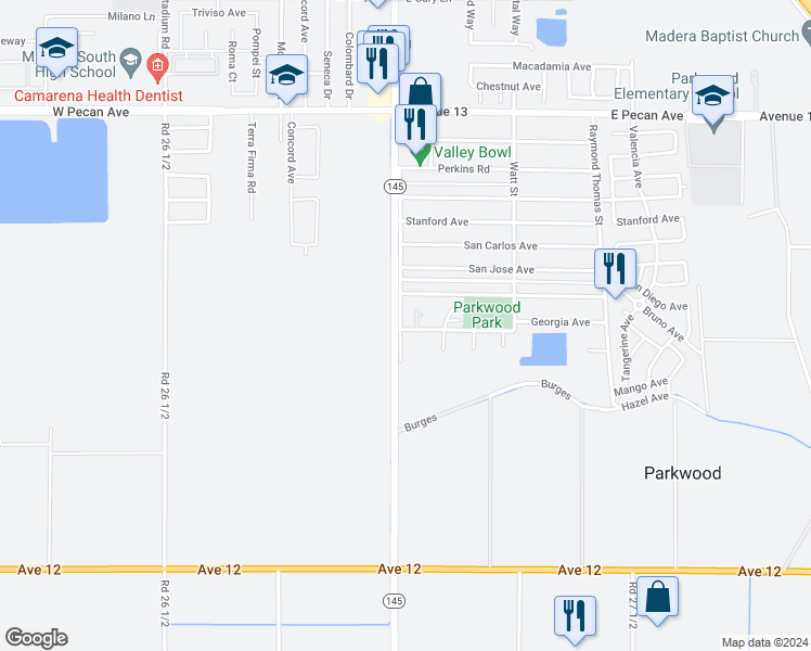map of restaurants, bars, coffee shops, grocery stores, and more near 113 Georgia Avenue in Madera