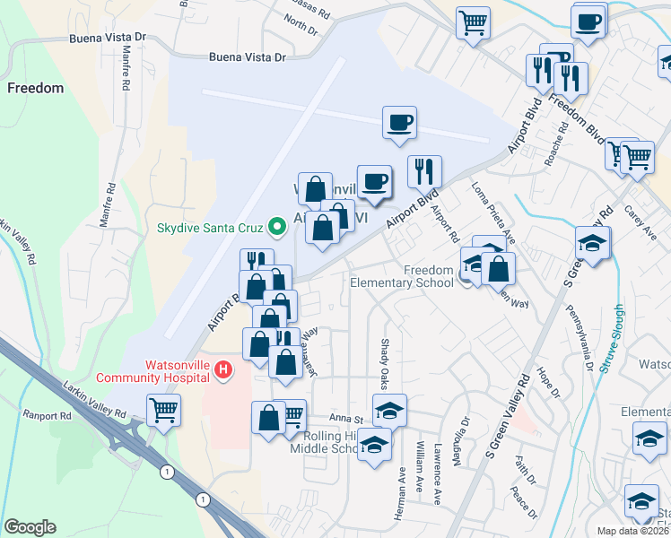 map of restaurants, bars, coffee shops, grocery stores, and more near 475 Airport Boulevard in Watsonville