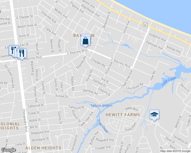 map of restaurants, bars, coffee shops, grocery stores, and more near 1617 Ara Street in Norfolk