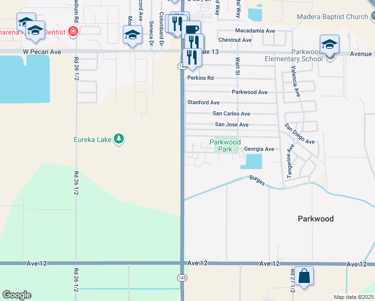 map of restaurants, bars, coffee shops, grocery stores, and more near 113 Georgia Avenue in Madera