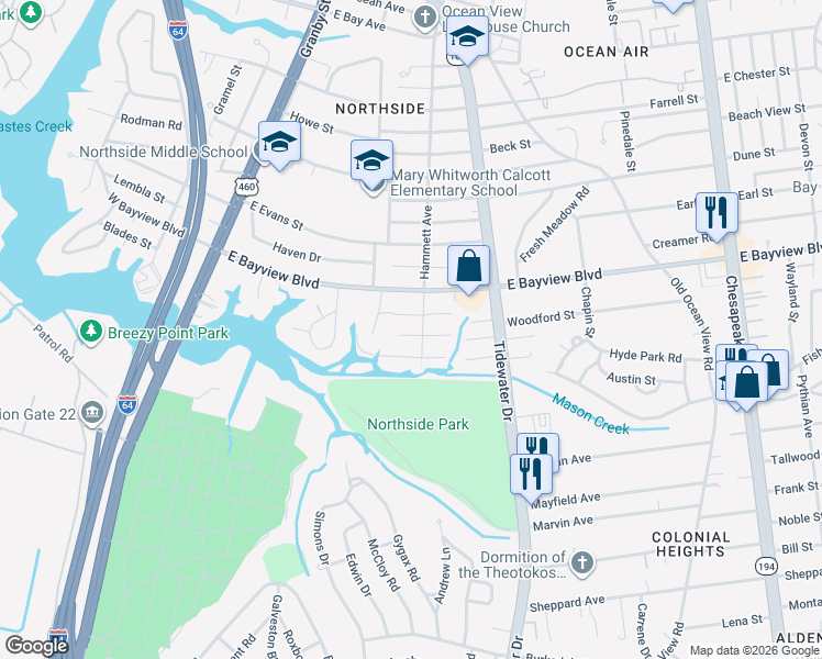 map of restaurants, bars, coffee shops, grocery stores, and more near 264 Louvett Street in Norfolk