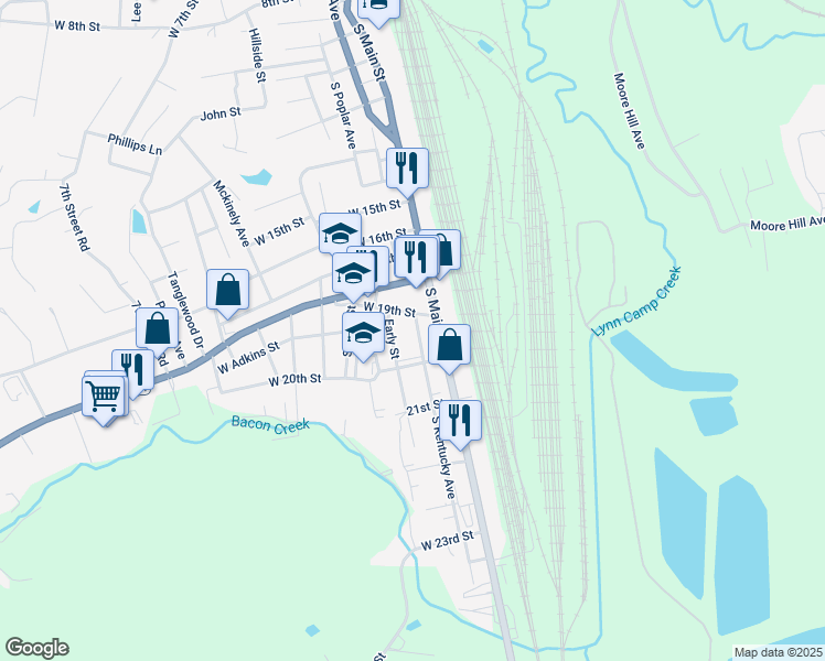 map of restaurants, bars, coffee shops, grocery stores, and more near 1904 South Kentucky Avenue in Corbin