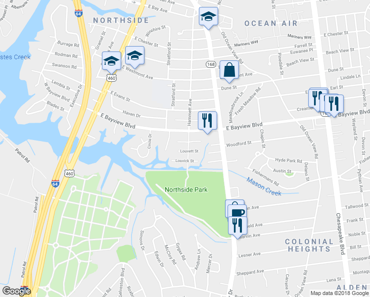 map of restaurants, bars, coffee shops, grocery stores, and more near 8547 Hammett Avenue in Norfolk