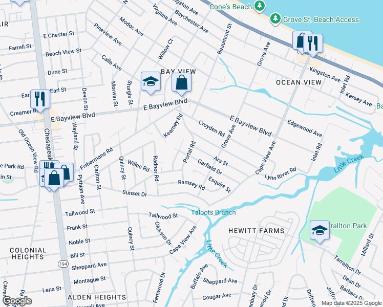 map of restaurants, bars, coffee shops, grocery stores, and more near 1612 Garfield Drive in Norfolk