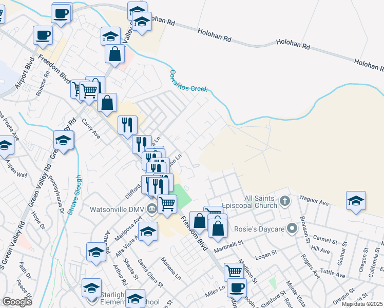 map of restaurants, bars, coffee shops, grocery stores, and more near 48 Atkinson Lane in Watsonville