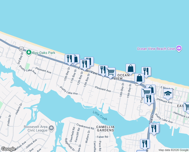map of restaurants, bars, coffee shops, grocery stores, and more near 9635 14th Bay Street in Norfolk