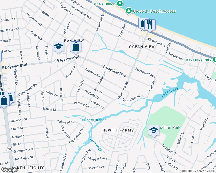 map of restaurants, bars, coffee shops, grocery stores, and more near 1812 Broadfield Road in Norfolk