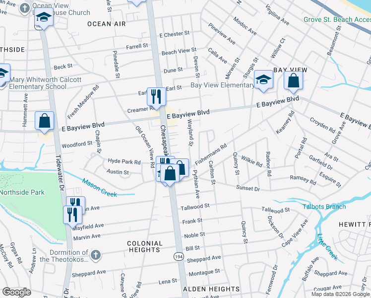 map of restaurants, bars, coffee shops, grocery stores, and more near 8528 Wayland Street in Norfolk