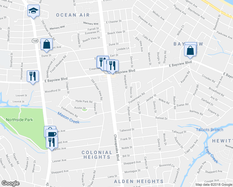 map of restaurants, bars, coffee shops, grocery stores, and more near 8534 Virginia 194 in Norfolk