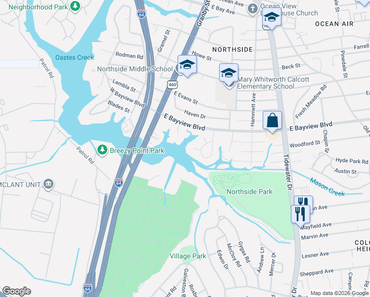 map of restaurants, bars, coffee shops, grocery stores, and more near 144 Circle Court in Norfolk