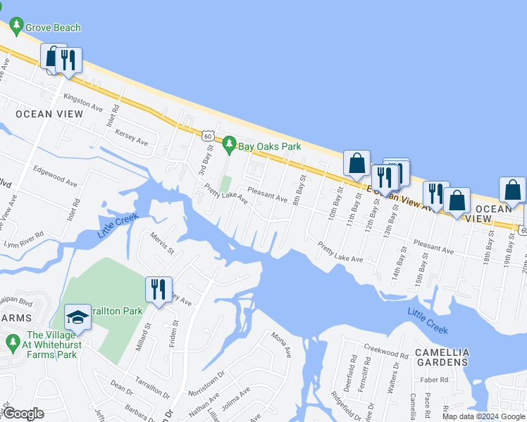 map of restaurants, bars, coffee shops, grocery stores, and more near 2612 Pretty Lake Avenue in Norfolk