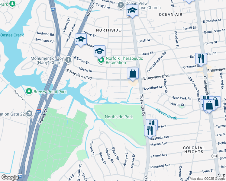 map of restaurants, bars, coffee shops, grocery stores, and more near 252 Louvett Street in Norfolk