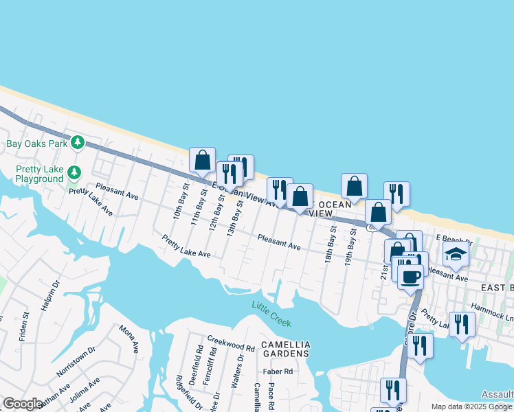 map of restaurants, bars, coffee shops, grocery stores, and more near 9641 14th Bay Street in Norfolk