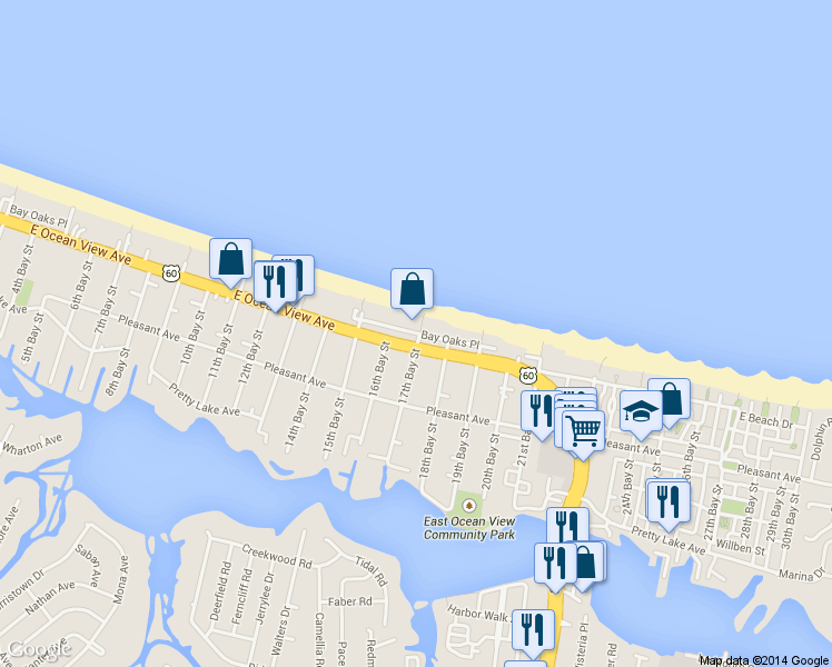map of restaurants, bars, coffee shops, grocery stores, and more near 3617 Bayside Ave in Norfolk